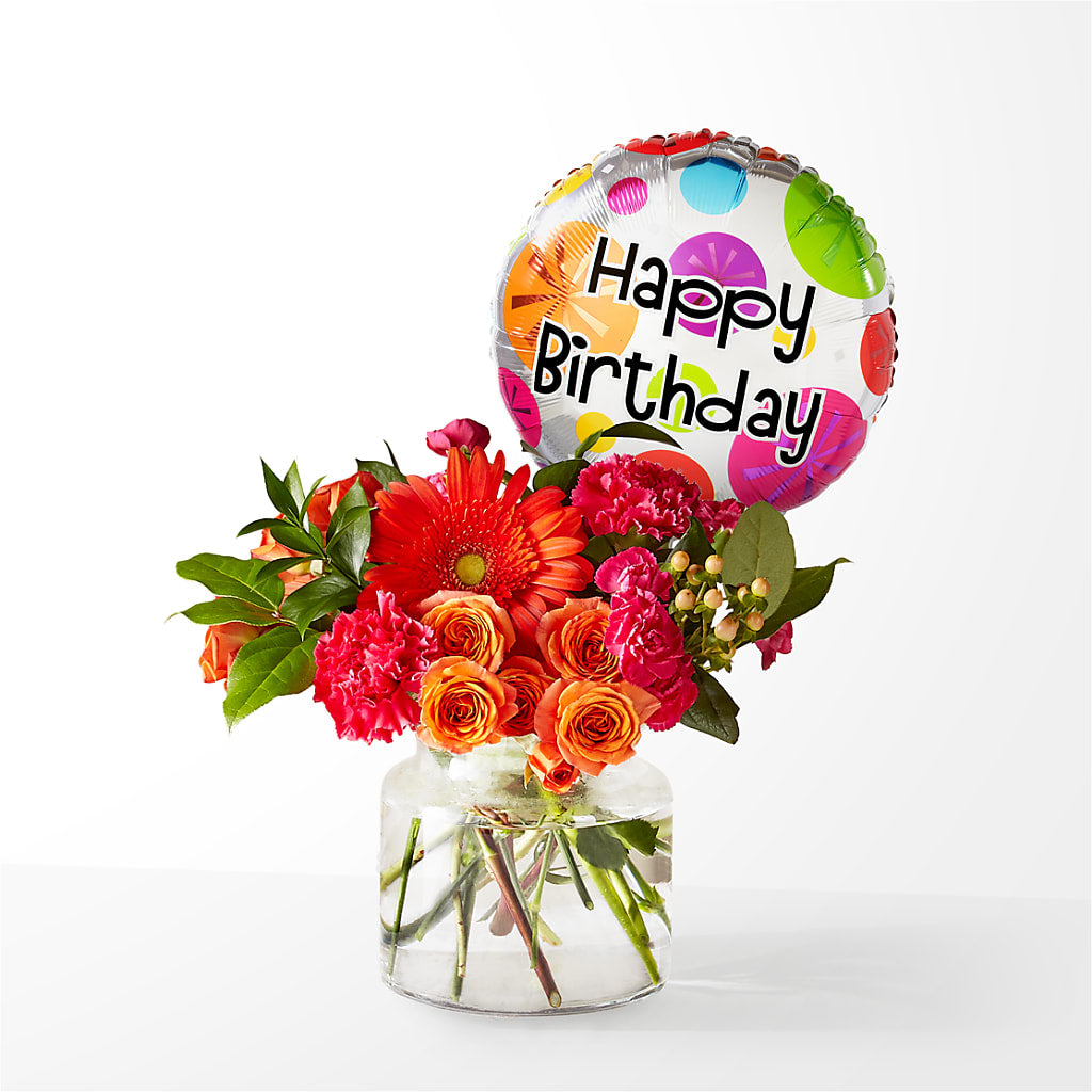 Fiesta Bouquet with Birthday Balloon – Sb Floral Too, Davenport IA